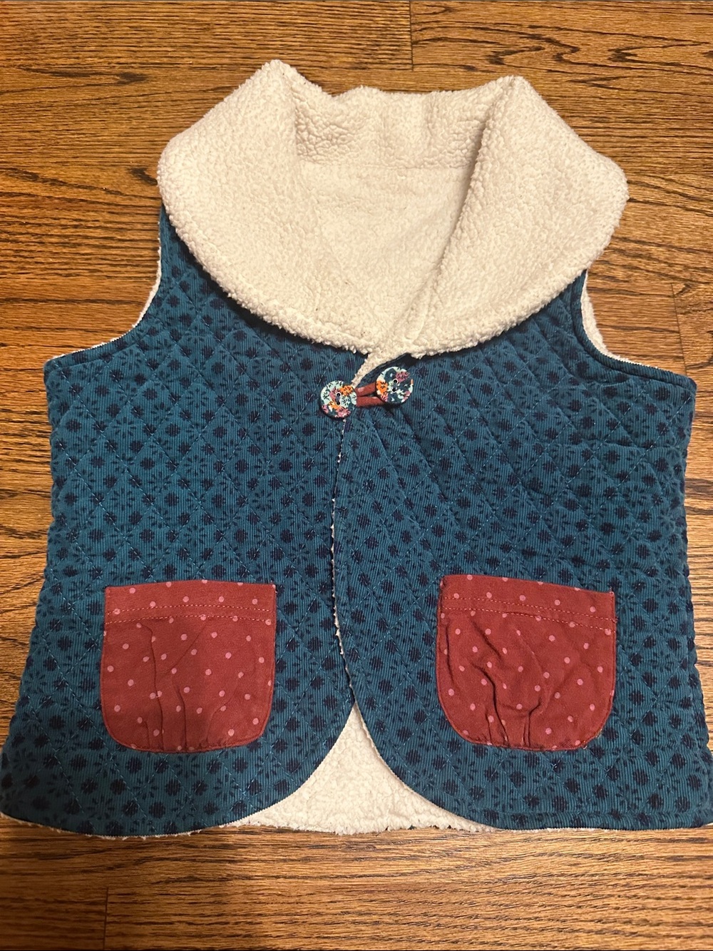 Matilda Jane Teal Quilted Vest with Cream Sherpa Collar and Rust Pockets